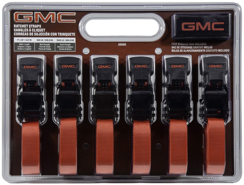 GMC G5000 Red 1" x 14' Rugged Durable Ratchet Tie Down Straps (1,500 LB Break Strength), 6 Pack - Image 1